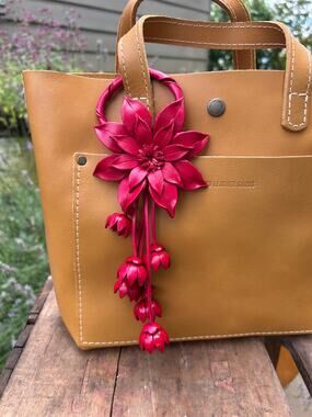 Red Leather Flower Purse Charm Genuine Leather Red Poinsettia Flower Bag Charm